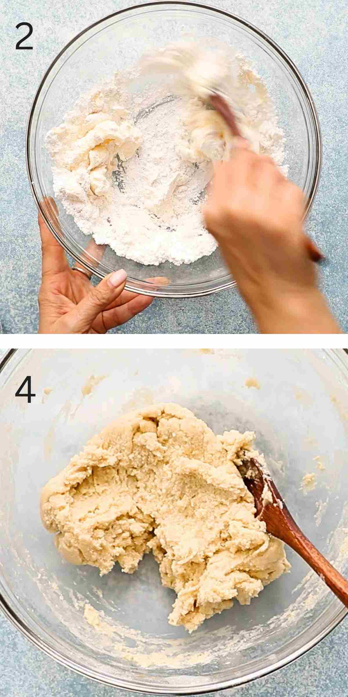 2 photo collage of a hand mixing cookie dough in a glass bowl.