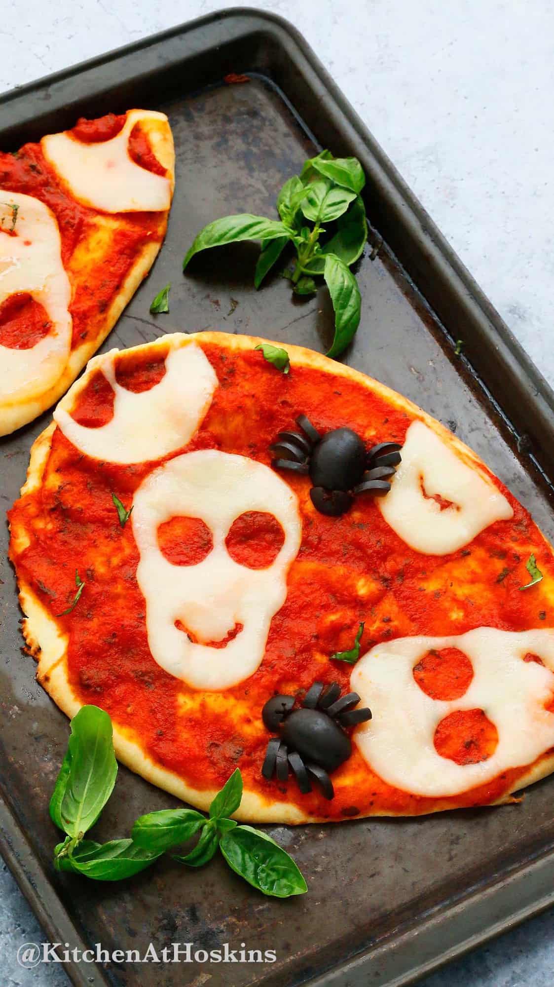 halloween naan pizzas with scary skull cheese