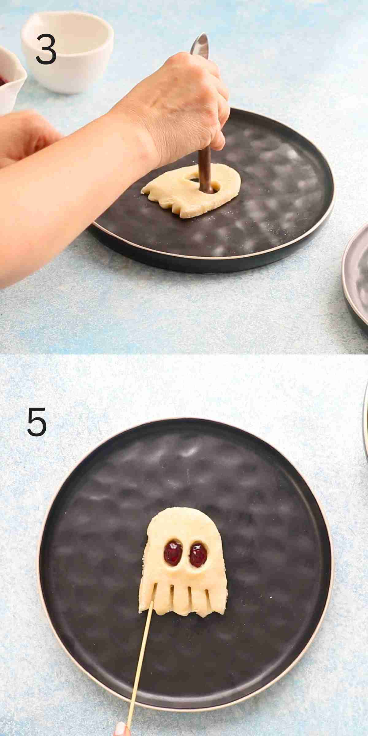 2 photo collage of a hand assembling ghost shape using a cut pie crust.