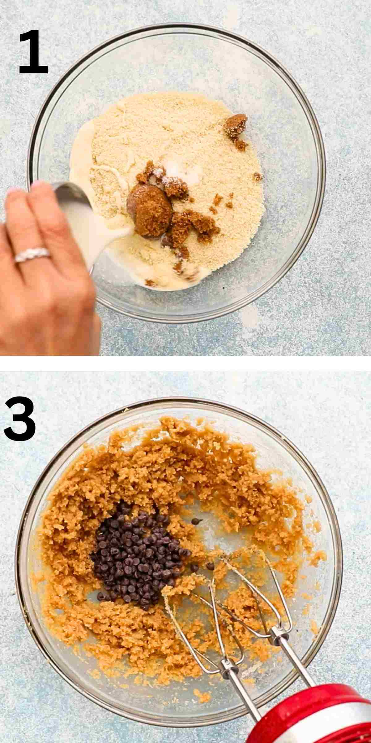 two photo collage of mixing cookie dough in a glass bowl with a red beater.