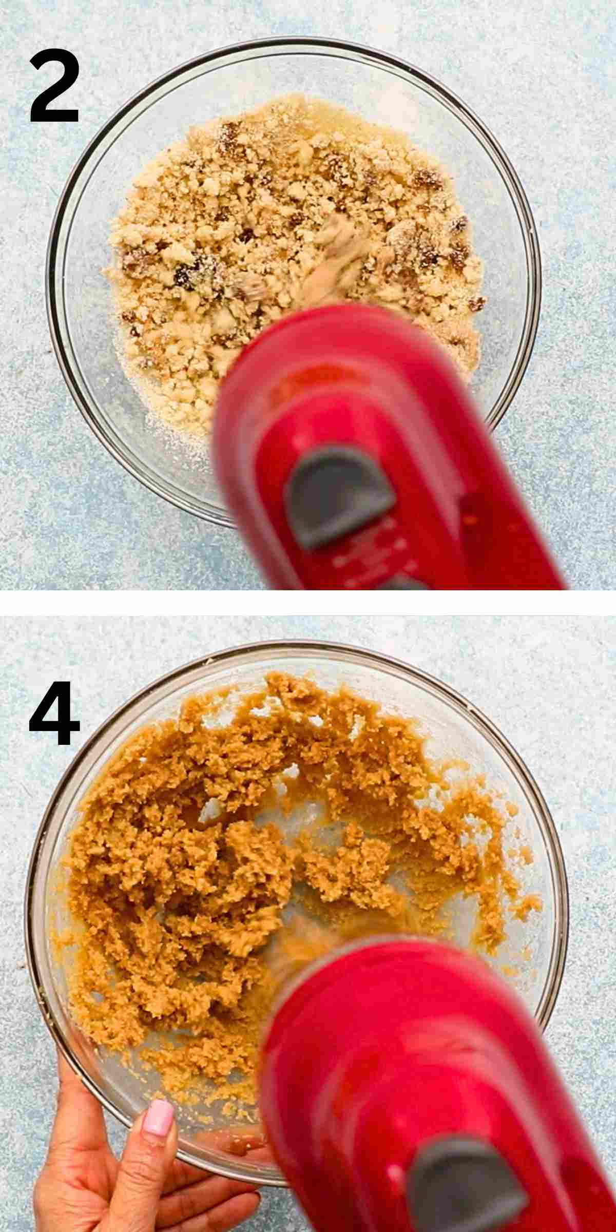 two photo collage of mixing cookie dough in a glass bowl with a red beater.