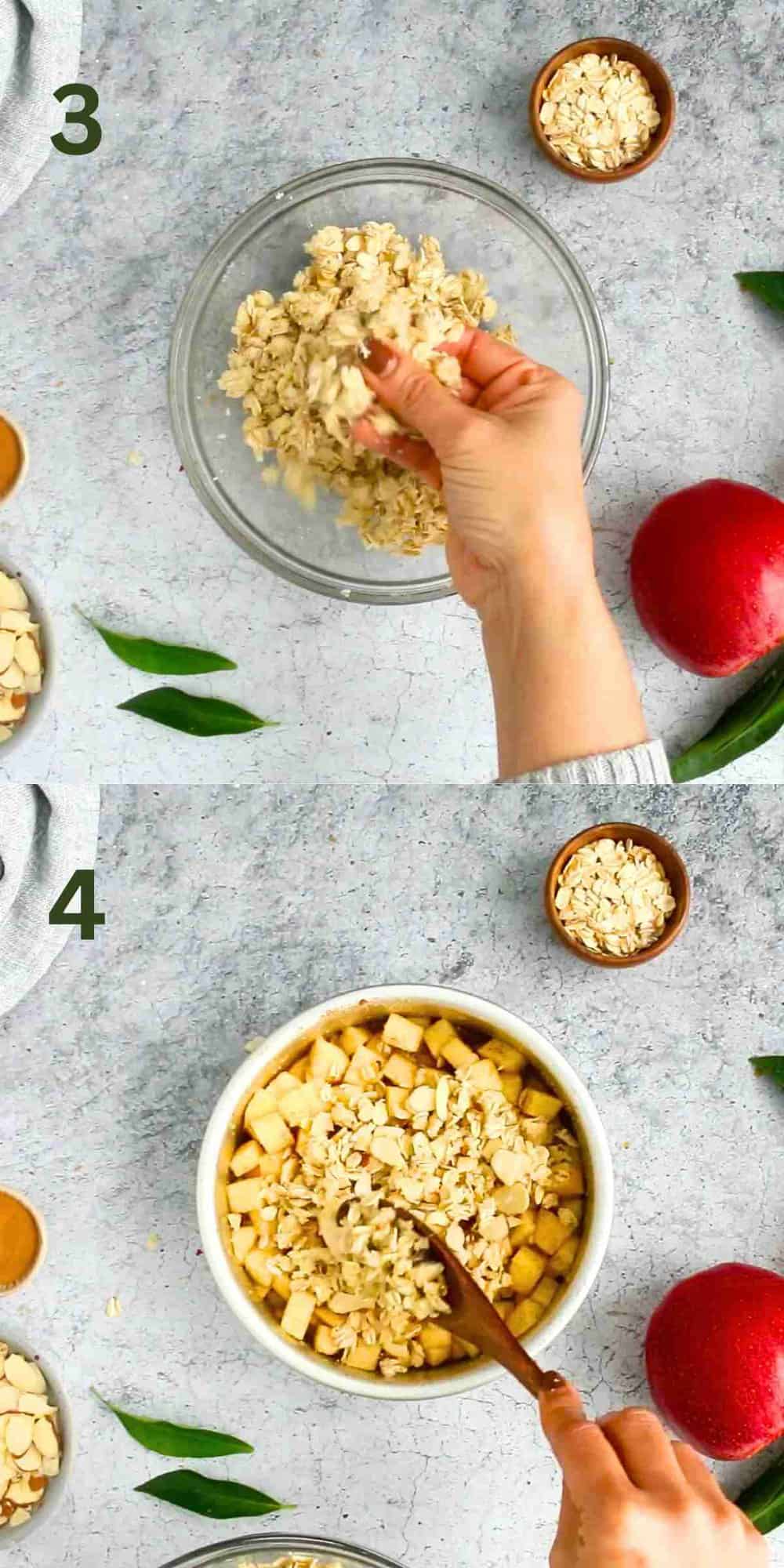 2 photo collage of mixing chopped apple and topping in a glass bowl.