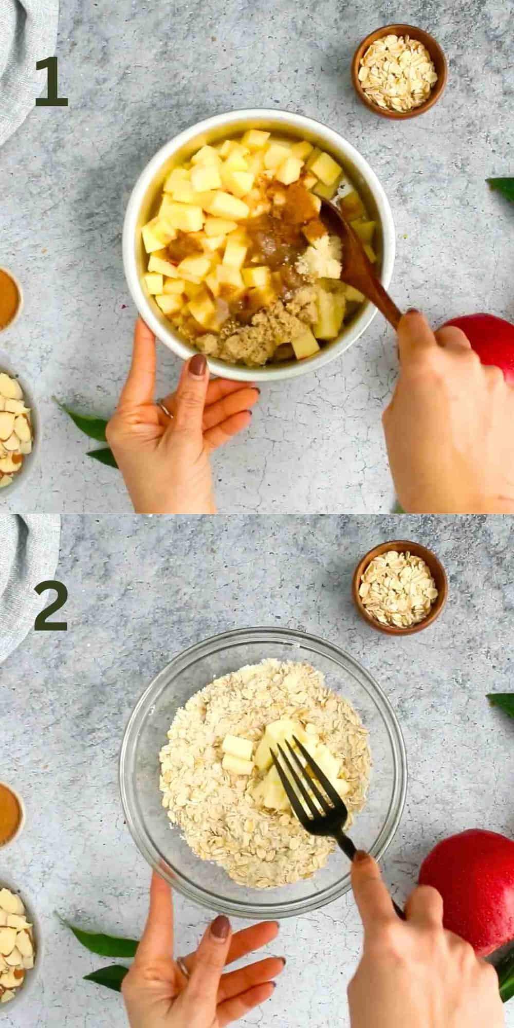 2 photo collage of mixing chopped apple and topping in a glass bowl.