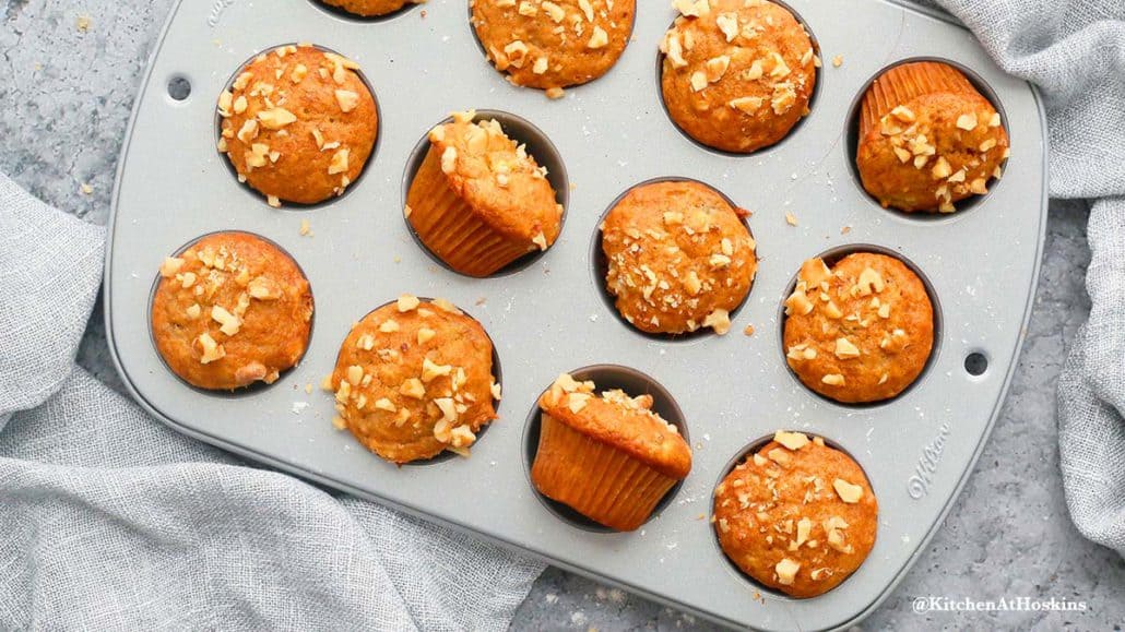 baked banana muffins in a mini muffin pan.