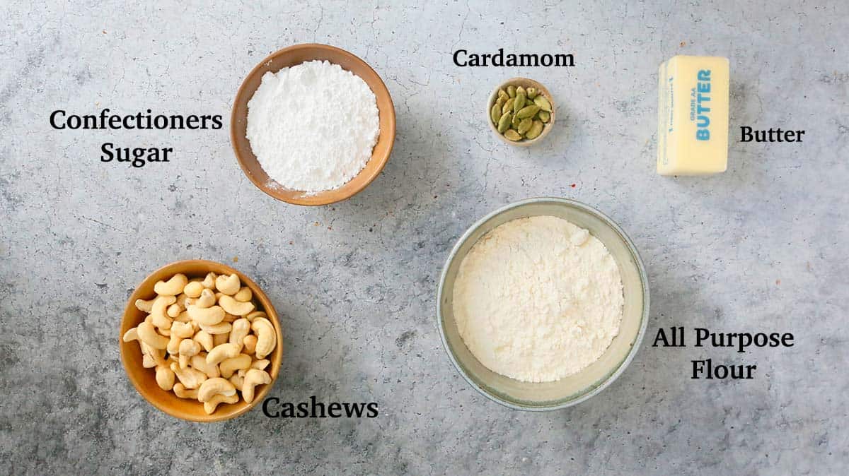 ingredients needed to make cashew nut cookies. 