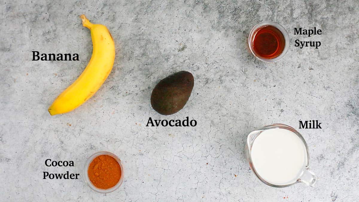 ingredients needed to make chocolate banana avocado smoothie. 