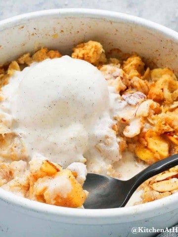 air fryer apple crisp topped with vanilla ice cream along with two spoons