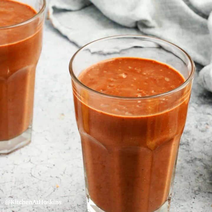 creamy chocolate smoothie made with avocado in glasses