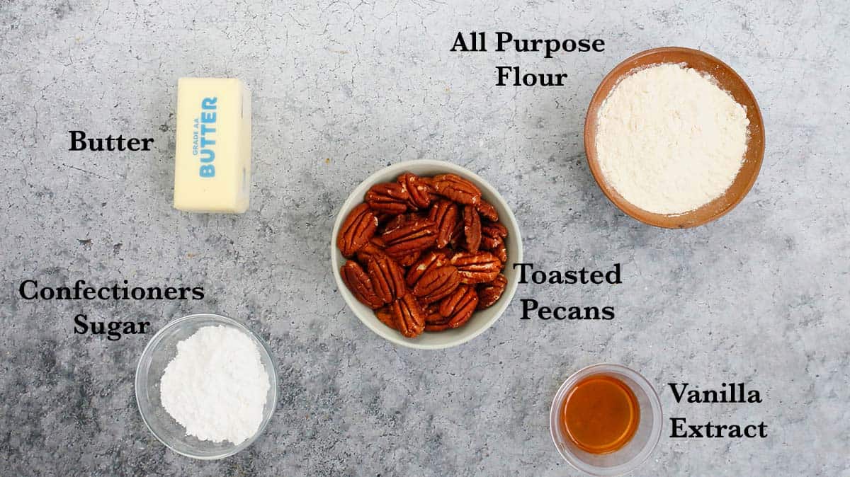 ingredients needed to make snowball cookies with pecans