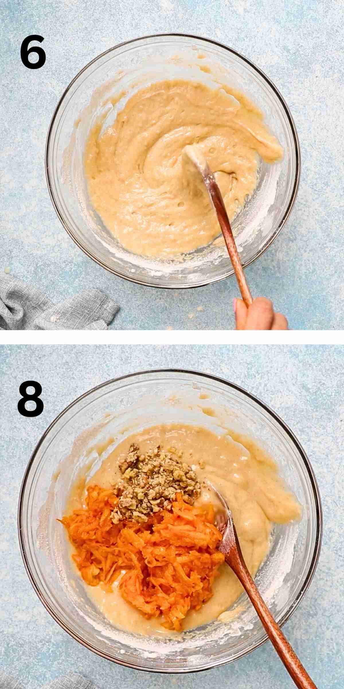 2 photo collage of prepping muffin batter in a glass bowl.