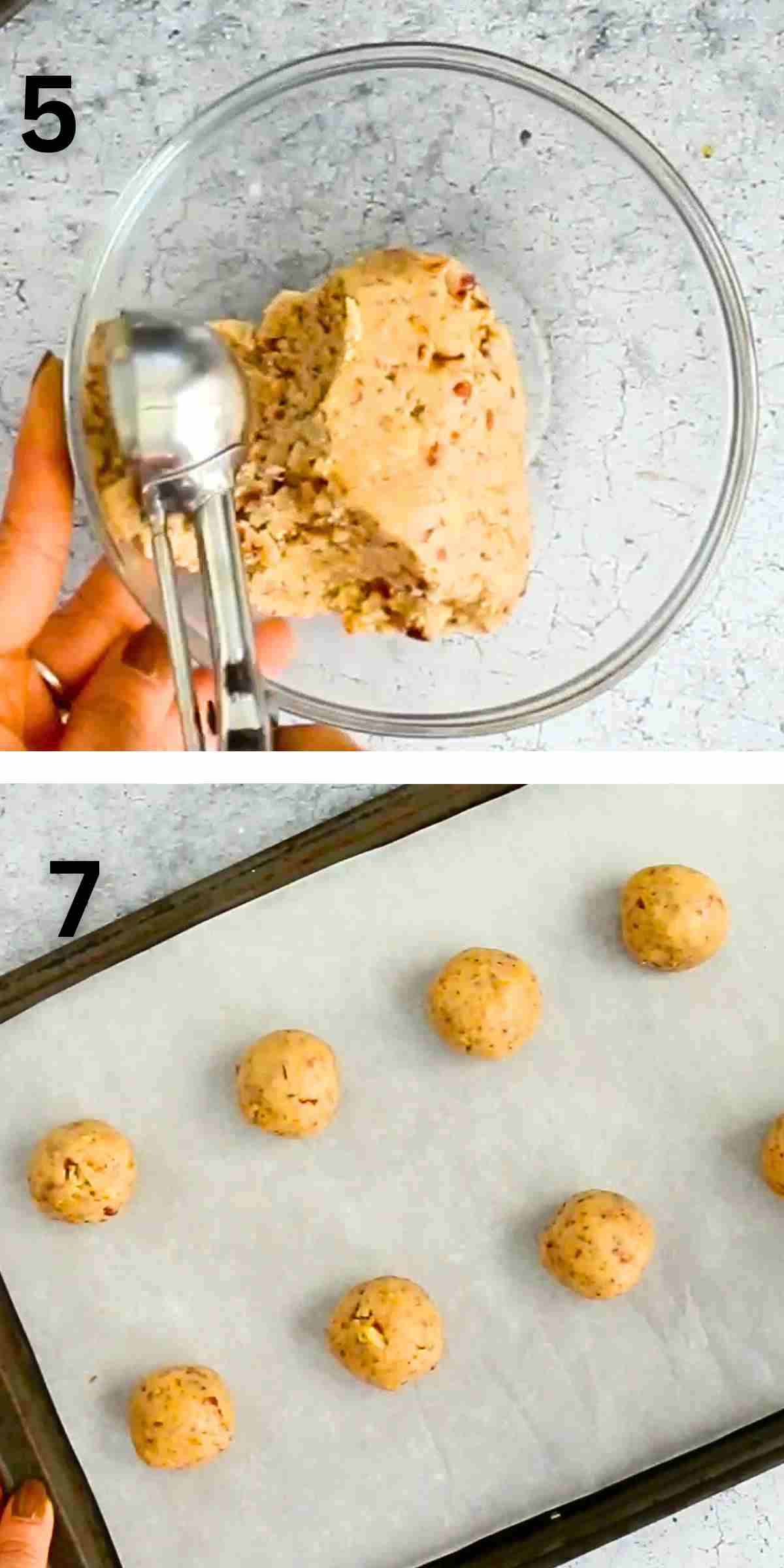 2 photo collage of rolling balls using cookie dough.