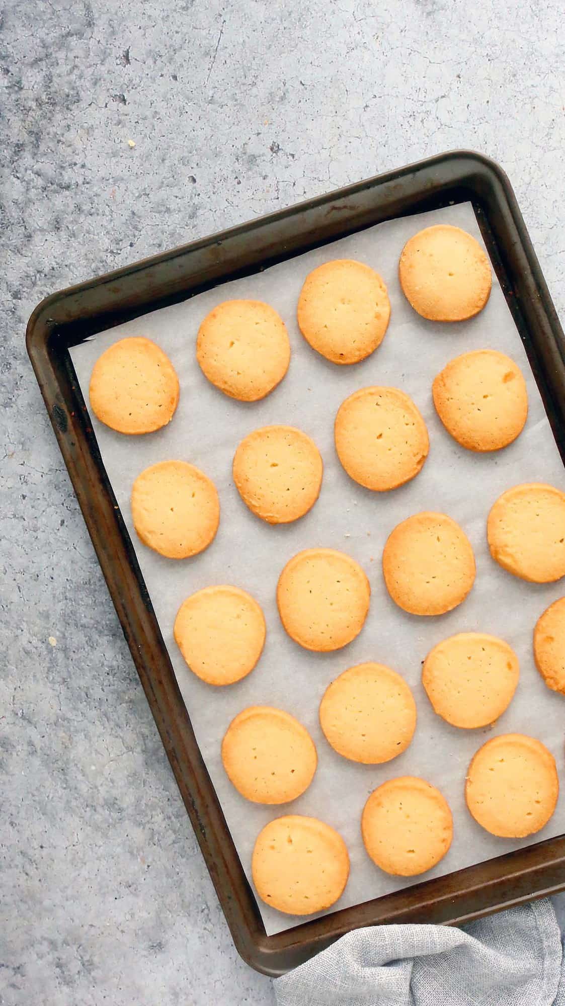 baking sheet with freshly baked 3 ingredient cookies with no egg.