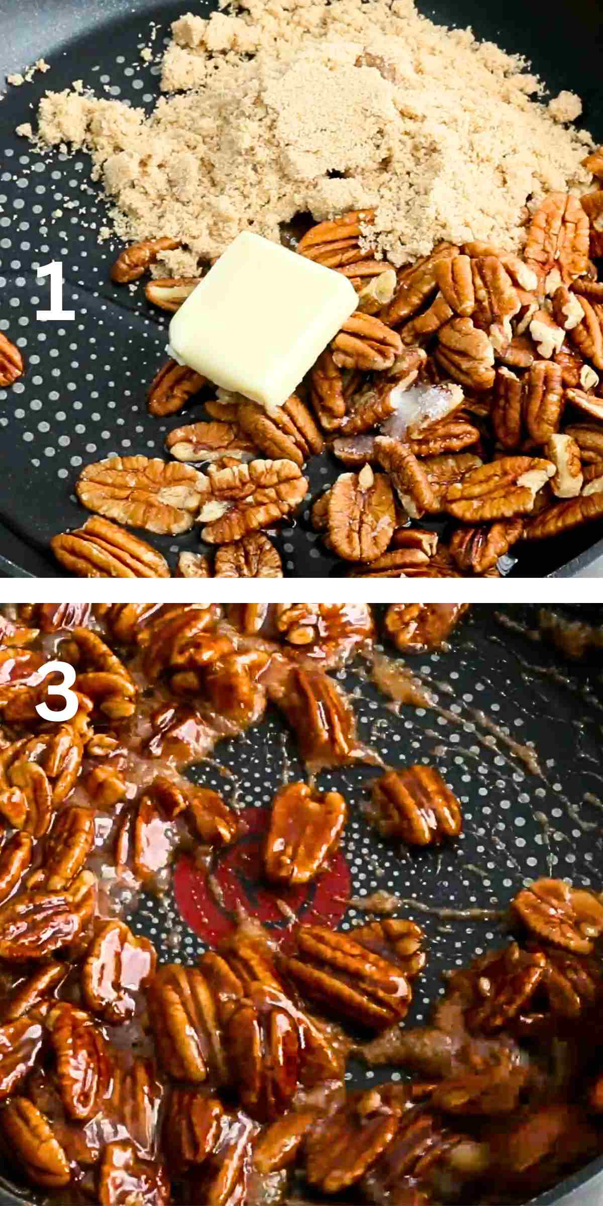 2 photo collage of making candied pecans in a black skillet.