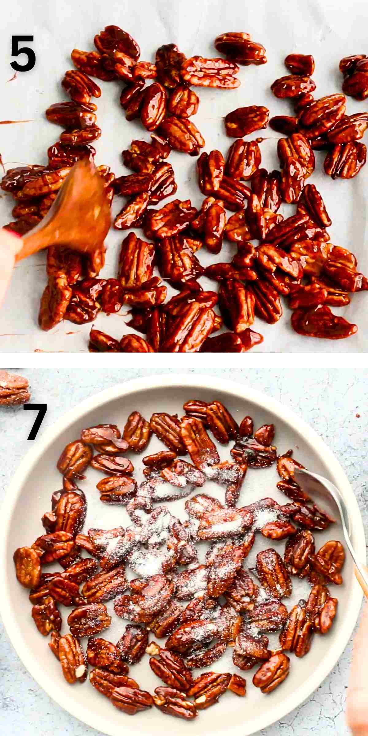 2 photo collage of tossing caramel pecans with white sugar.
