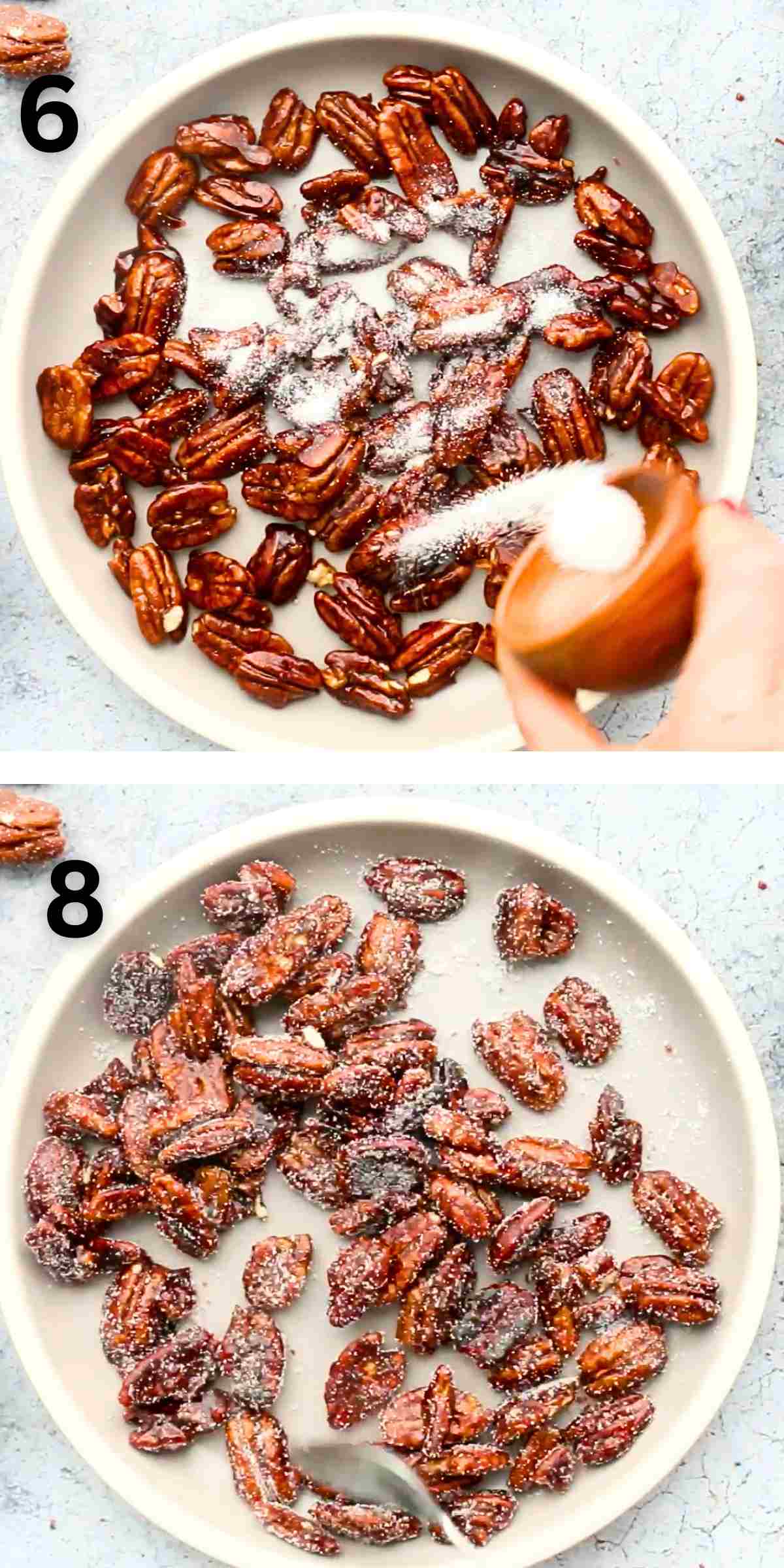 2 photo collage of tossing caramel pecans with white sugar.