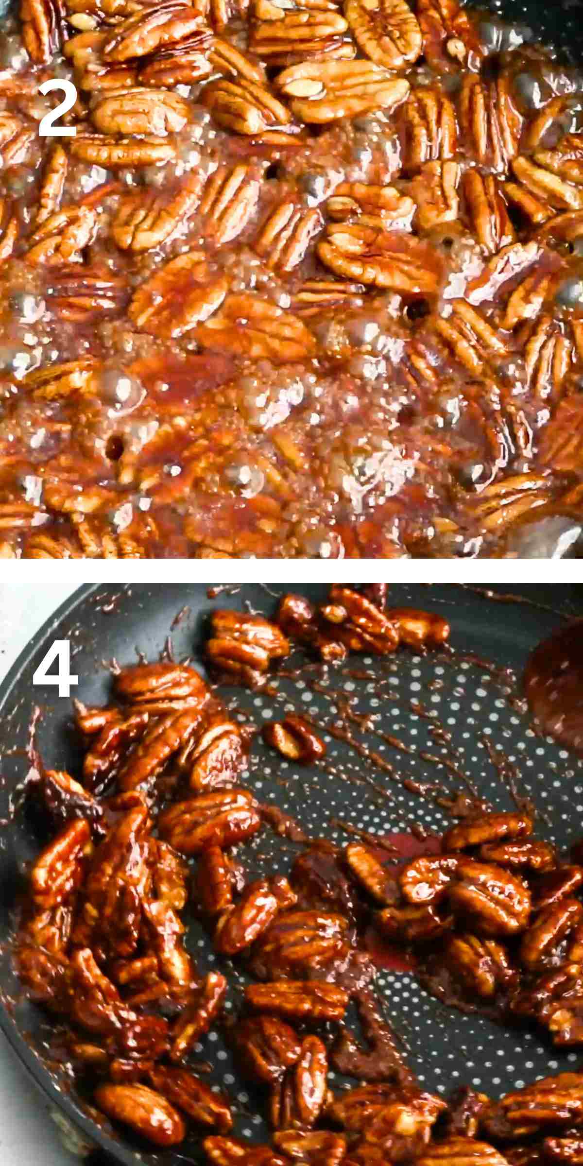 2 photo collage of making candied pecans in a black skillet.