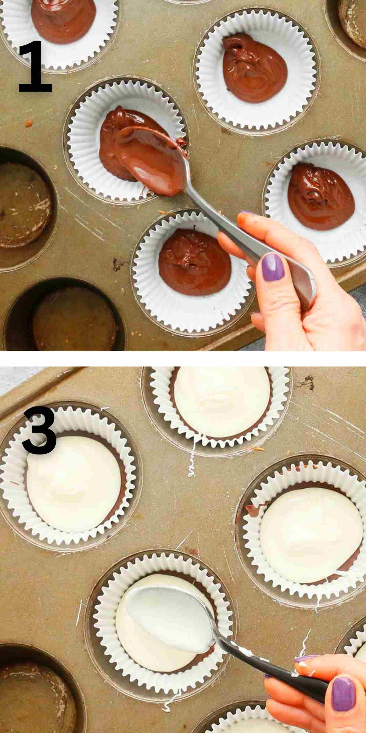 2 photo collage of pouring melted chocolate into a muffin pan. 