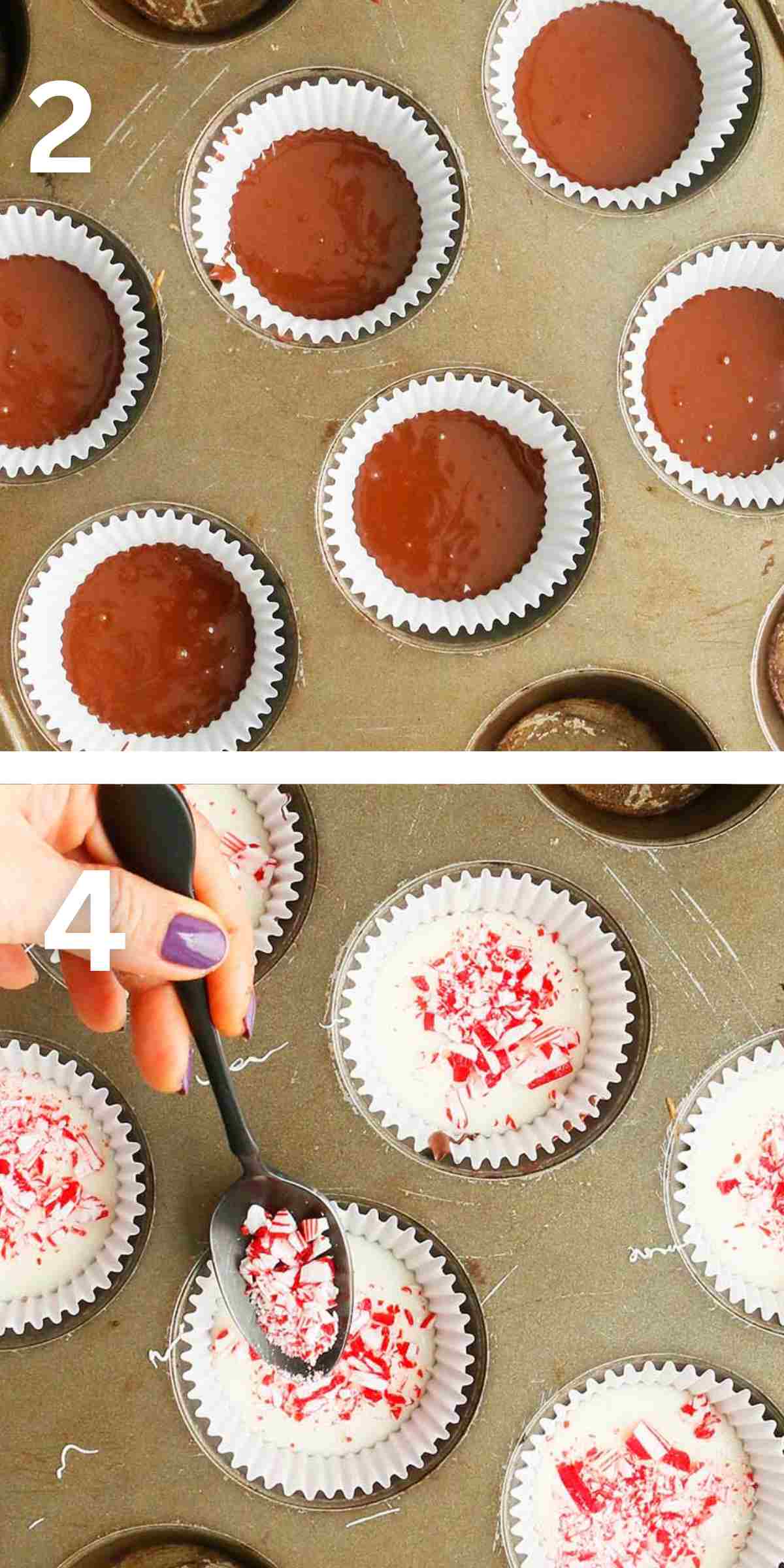 2 photo collage of pouring melted chocolate into a muffin pan. 