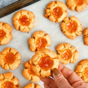 a hand holding one orange thumbprint cookie.