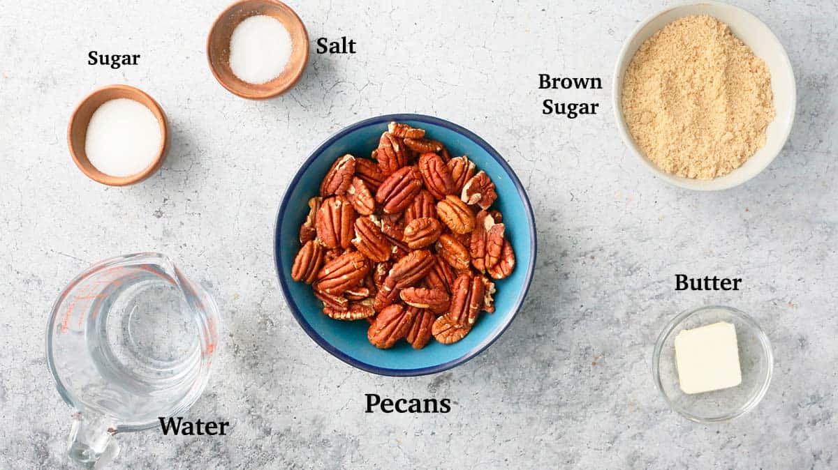 ingredients needed to make brown sugar glazed pecans.