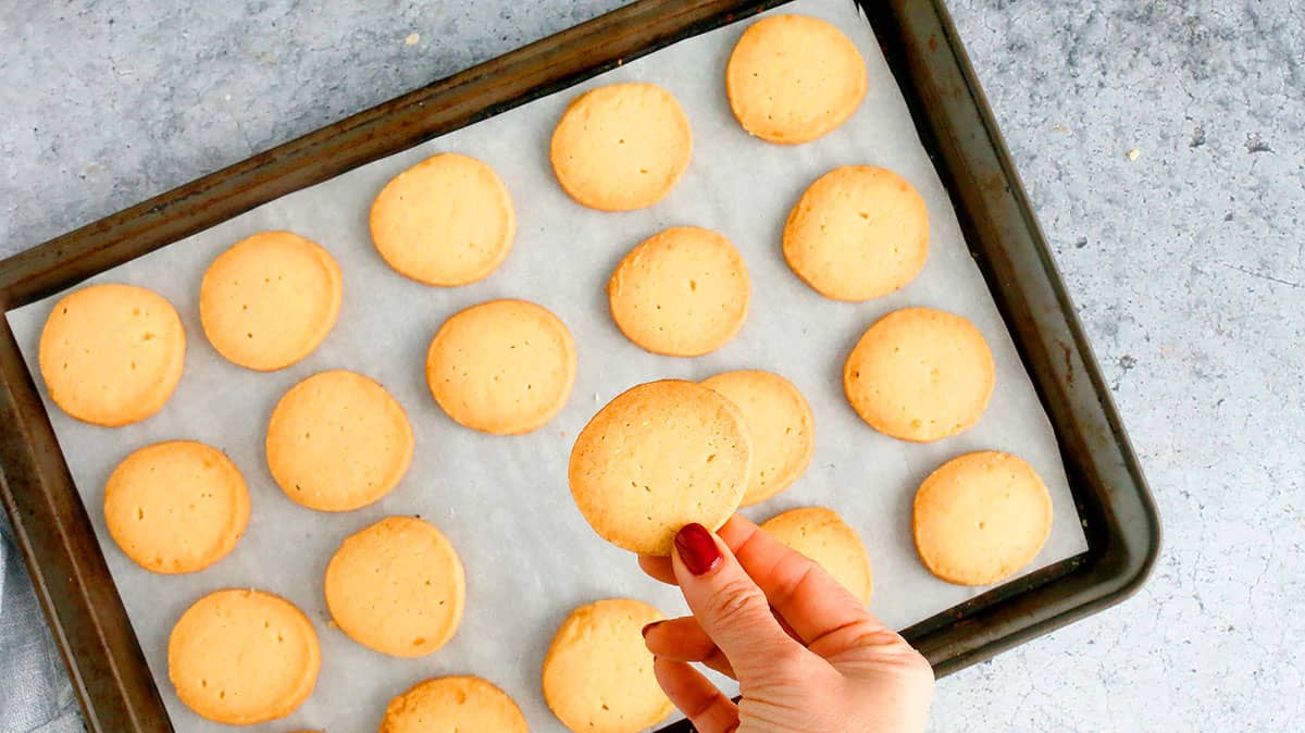 a hand holding a round shortbread cookie above a baking sheet filled with the same.