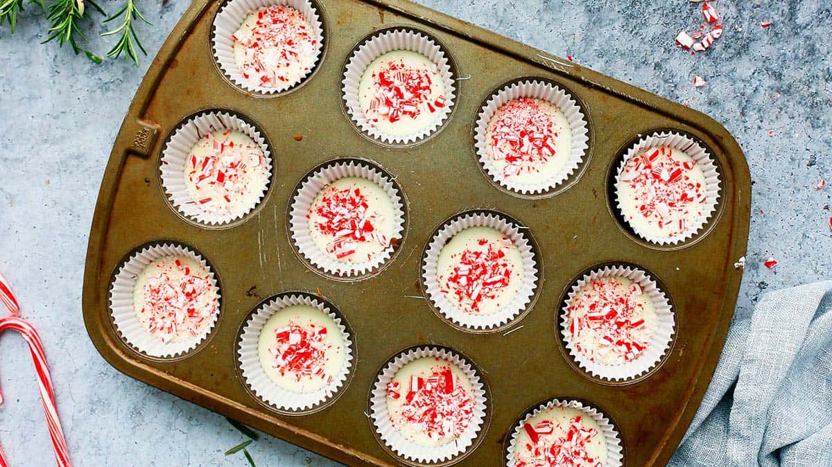 muffin pan with peppermint bark cups.