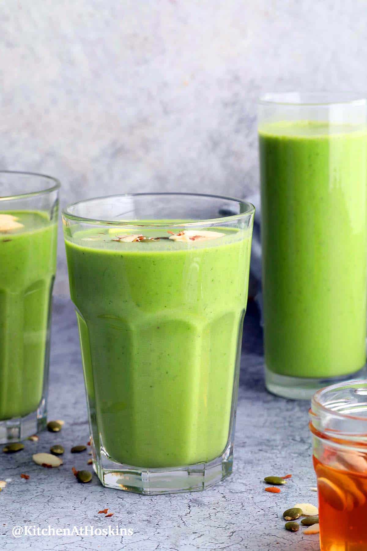 glasses with spinach smoothie.