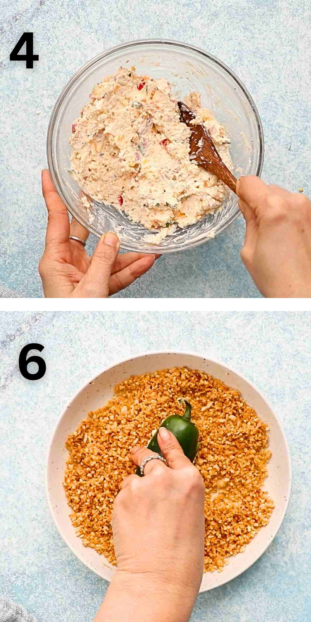 two photo collage of stuffing a jalapeno half with filling.