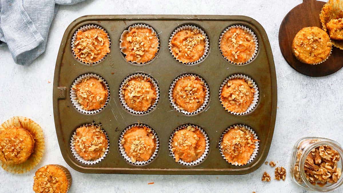 carrot walnut muffins all ready to be baked.