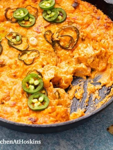 best buffalo chicken dip in a skillet.