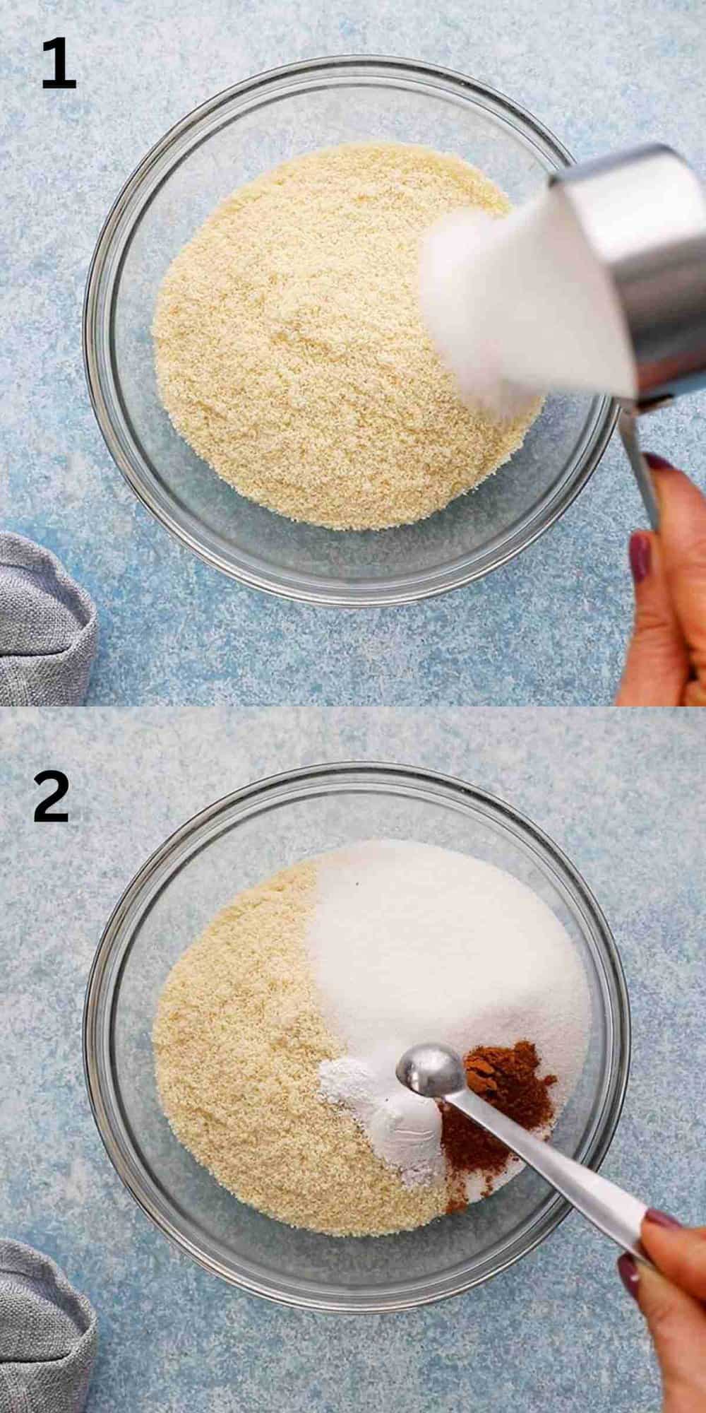 2 photo collage of adding dry ingredients into a glass bowl.