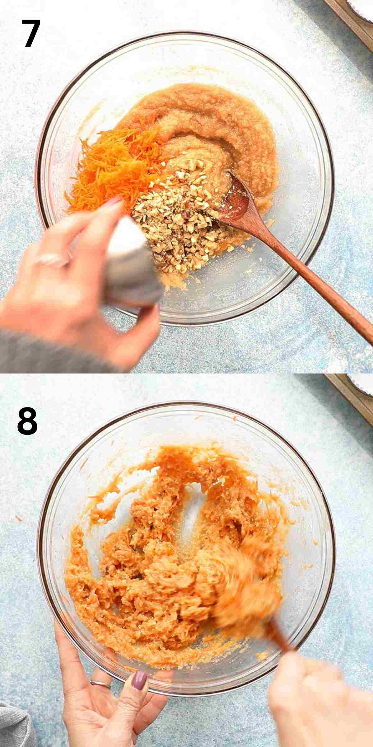 2 photo collage of stirring all ingredients for carrot muffin batter in a glass bowl. 
