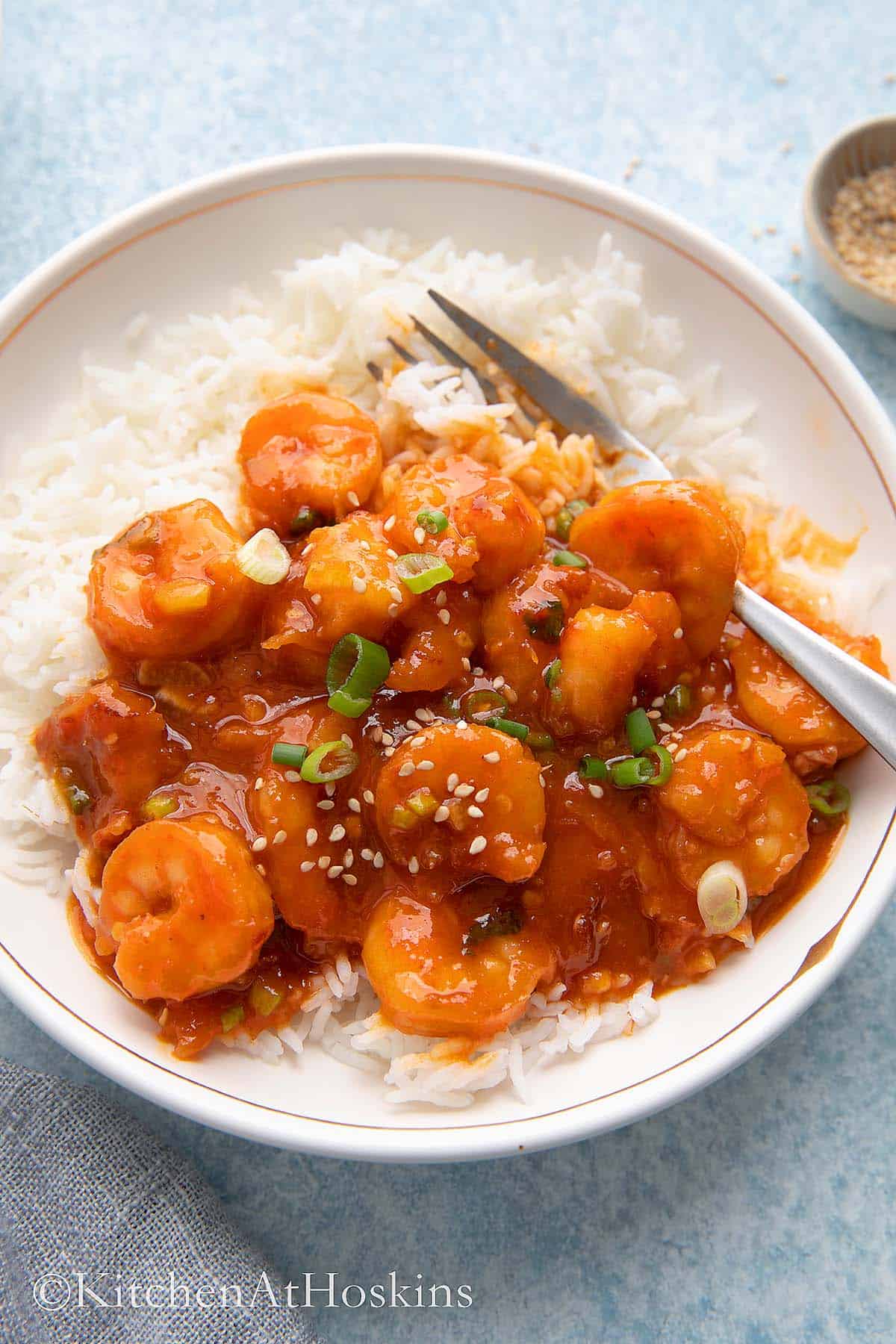 bowl with rice and firecracker shrimp. 