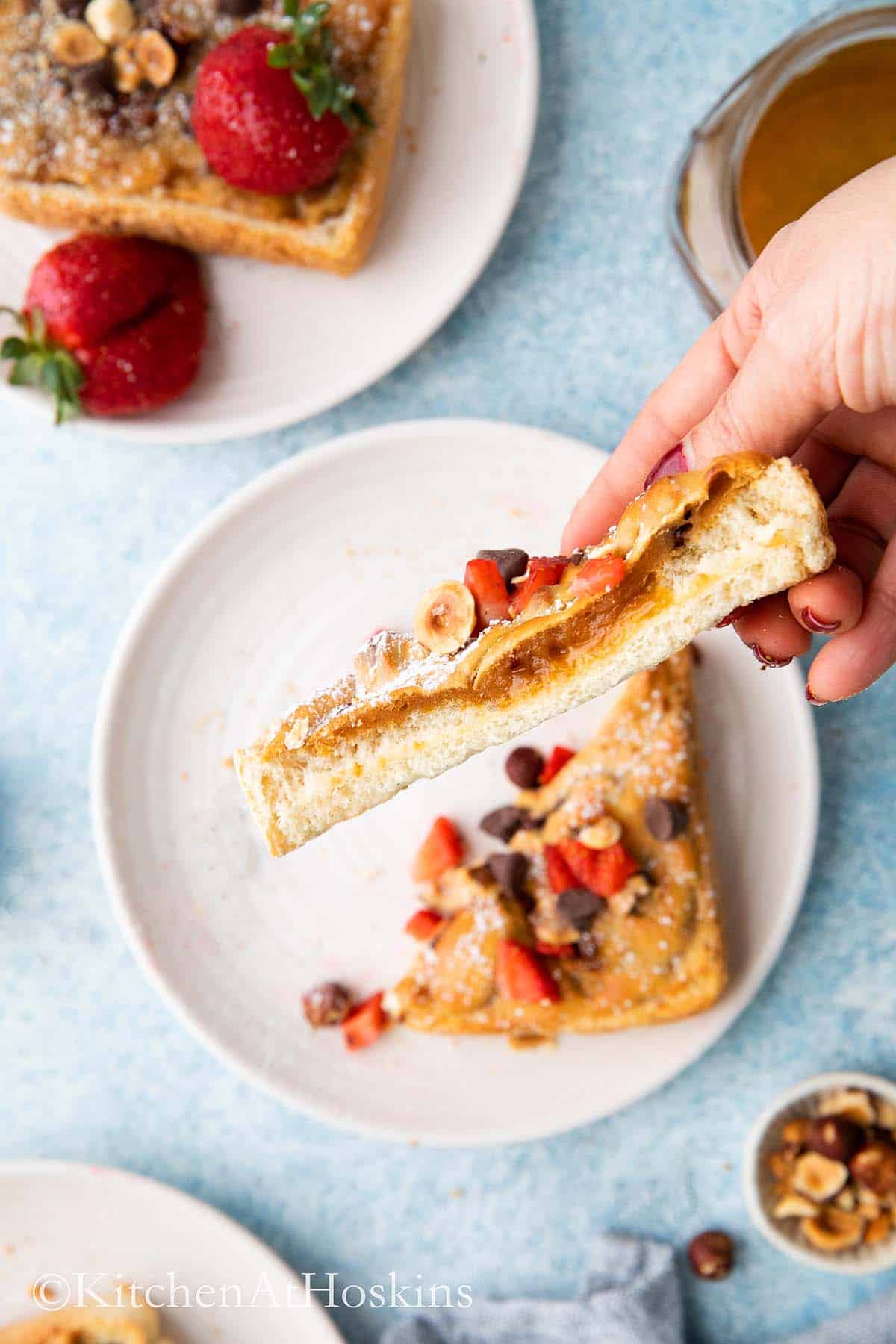 A cross section of peanut butter toast . 