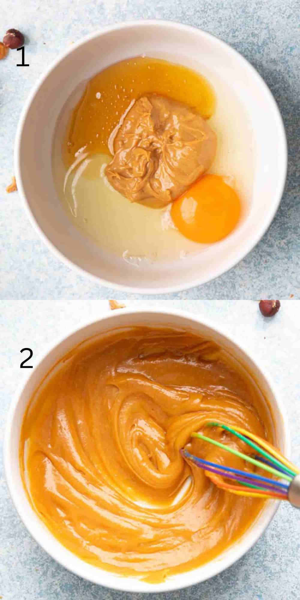 2 photo collage of mixing peanut butter with egg in a white bowl. 