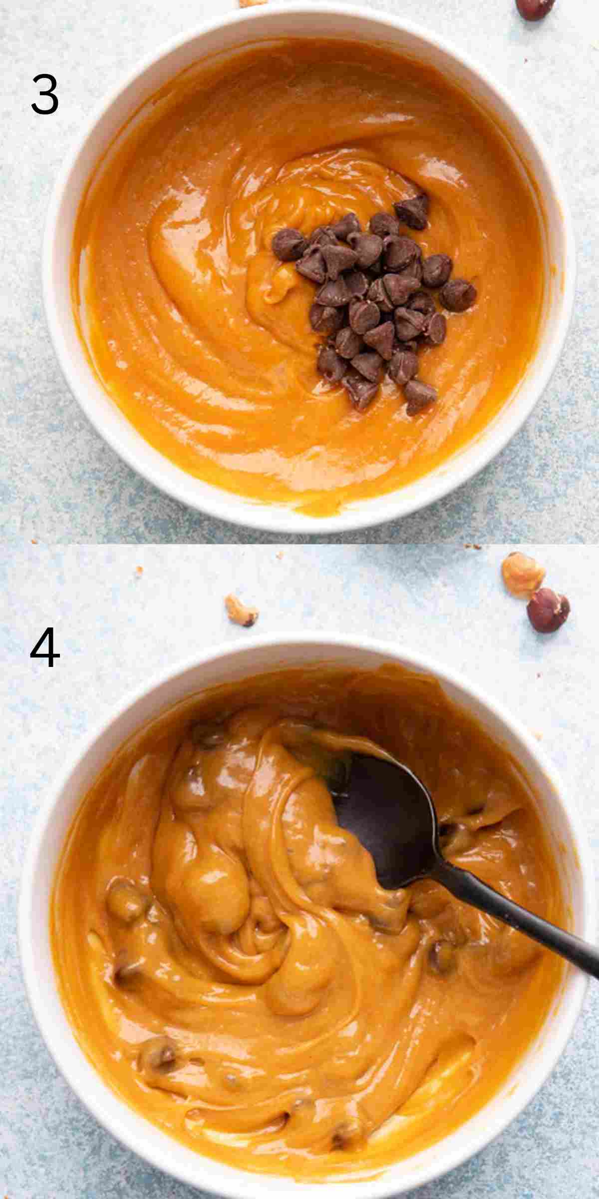 2 photo collage of mixing chocolate chips with peanut butter in a white bowl. 