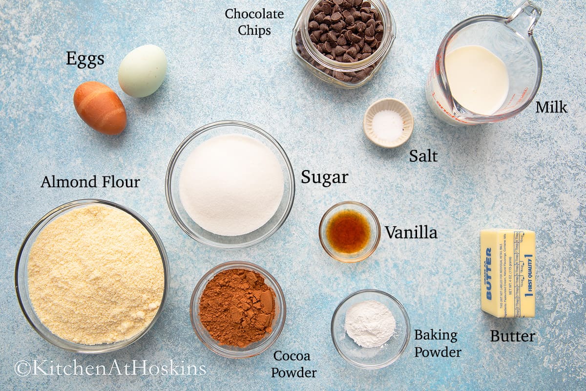 ingredients needed to make chocolate chip muffins. 