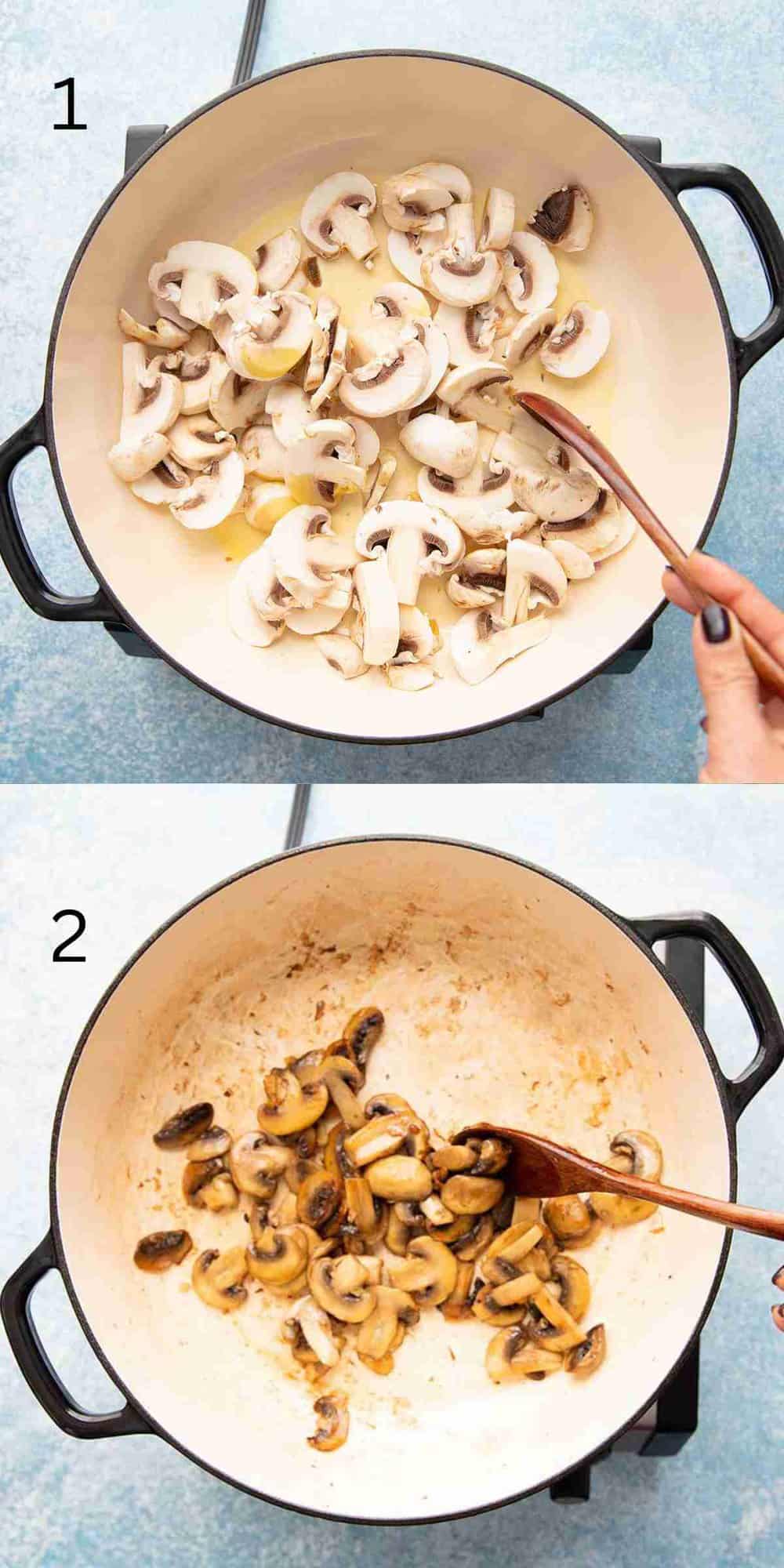 2 photo collage of cooking sliced mushrooms in a large white skillet with a wooden spoon.