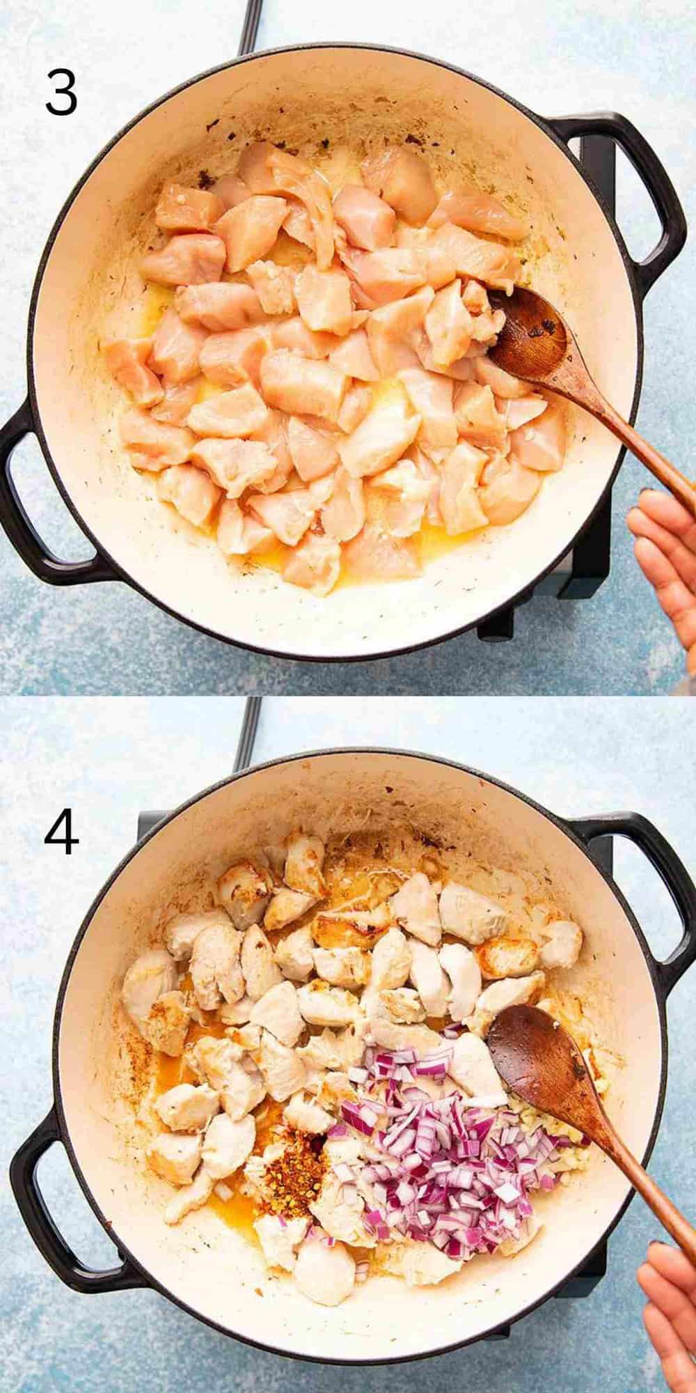 2 photo collage of cooked diced chicken and onion in a large white skillet using a wooden spoon. 