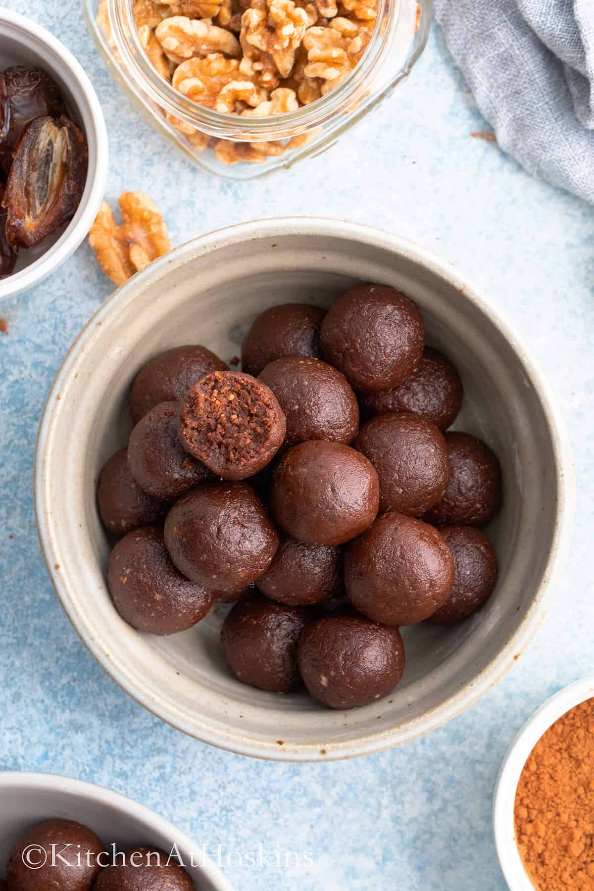 energy balls with dates in a bowl. 