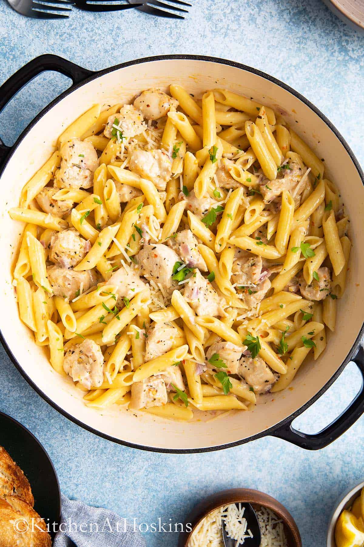 Cast iron pan with Italian pasta with lemon chicken.