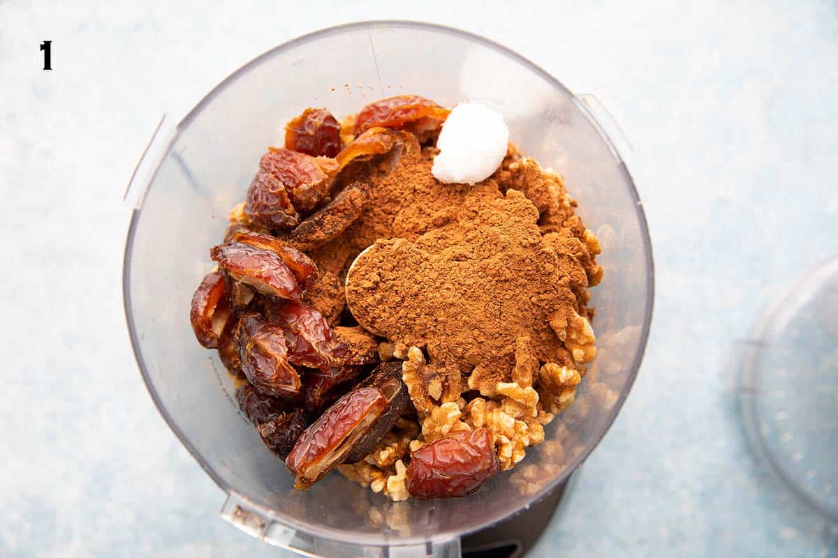 dates, walnuts and cocoa powder in a food processor.