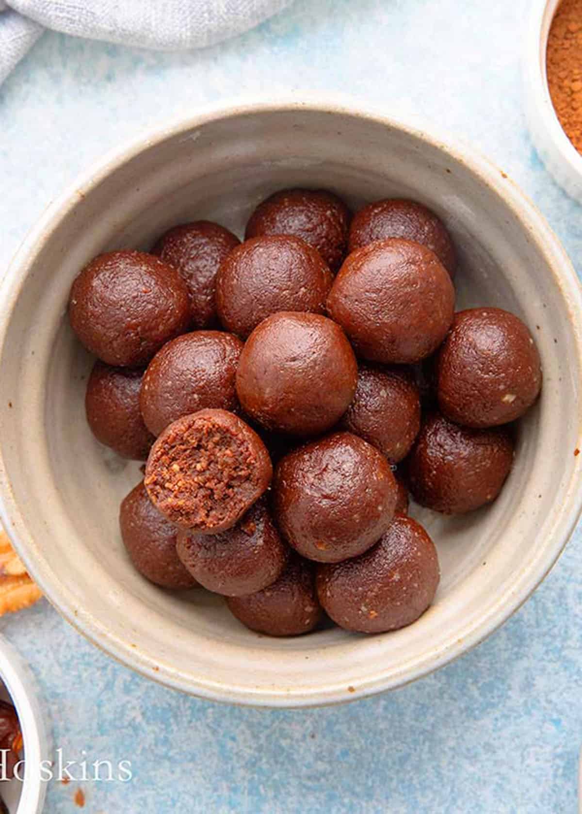 date balls in a grey bowl.