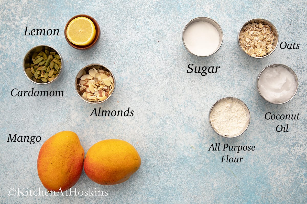 ingredients needed to make fresh mango crumble.