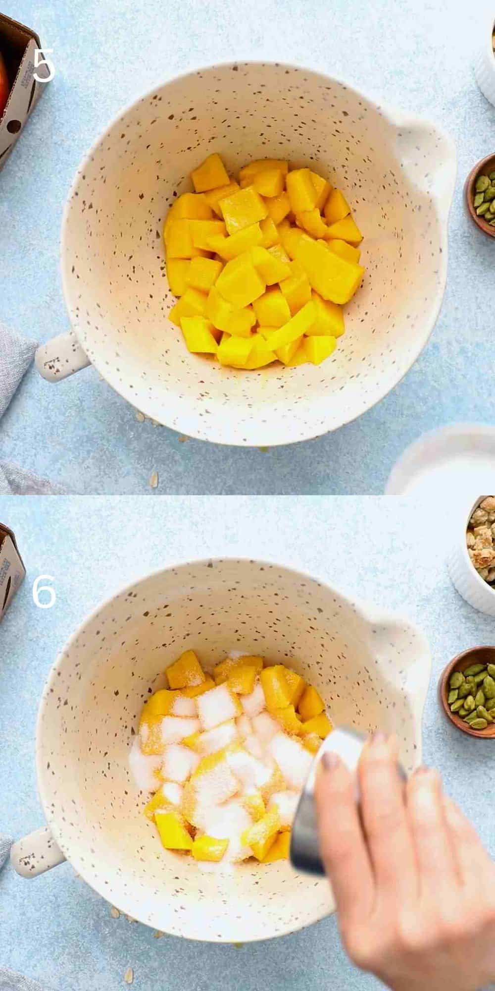 2 photo collage of adding sugar to chopped mangoes in a large white bowl.