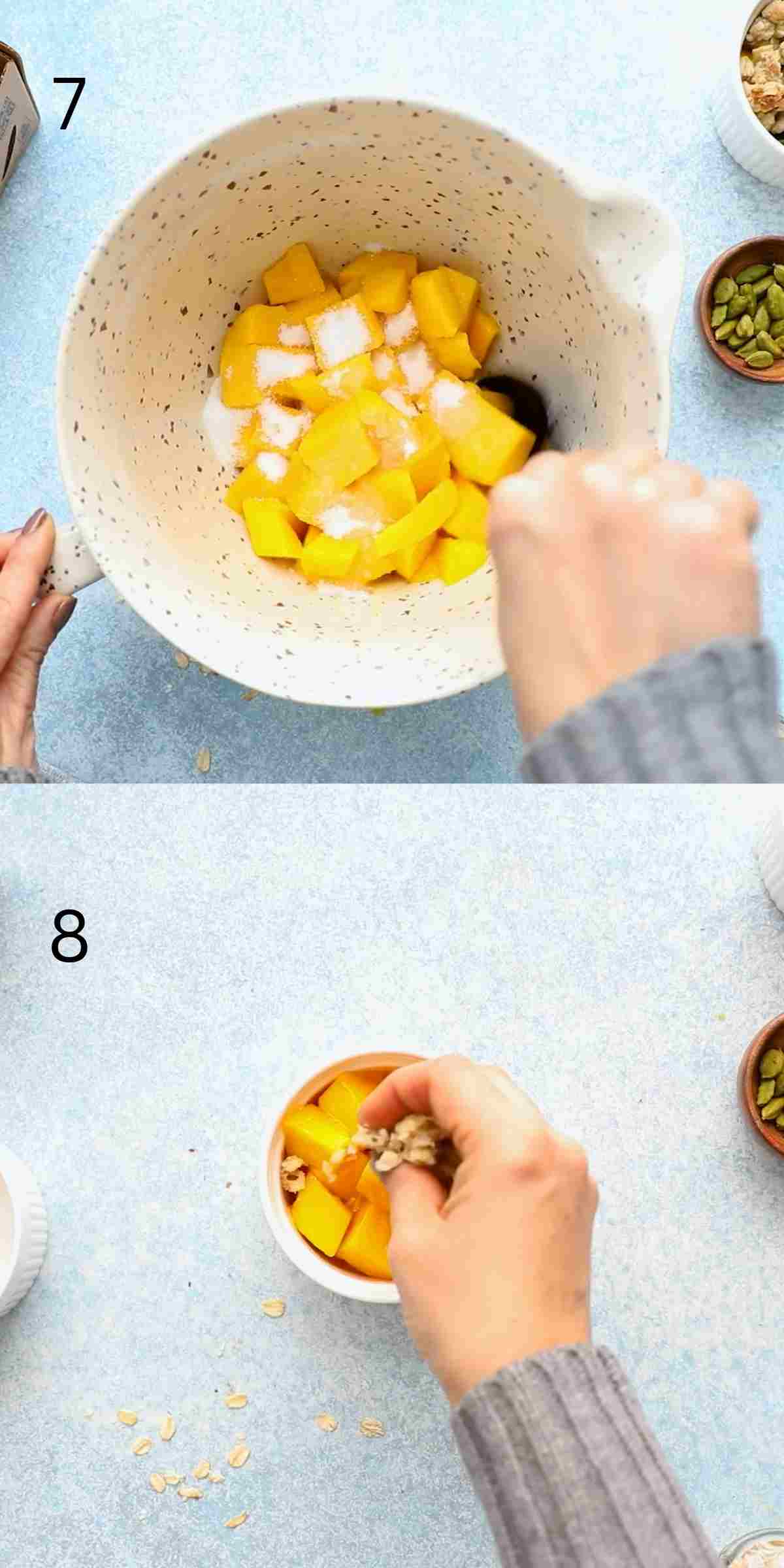 2 photo collage of mixing and prepping mango filling into a small white baking dish.