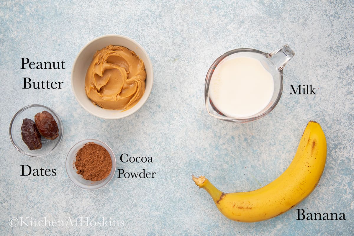 ingredients needed to make peanut butter chocolate smoothie.