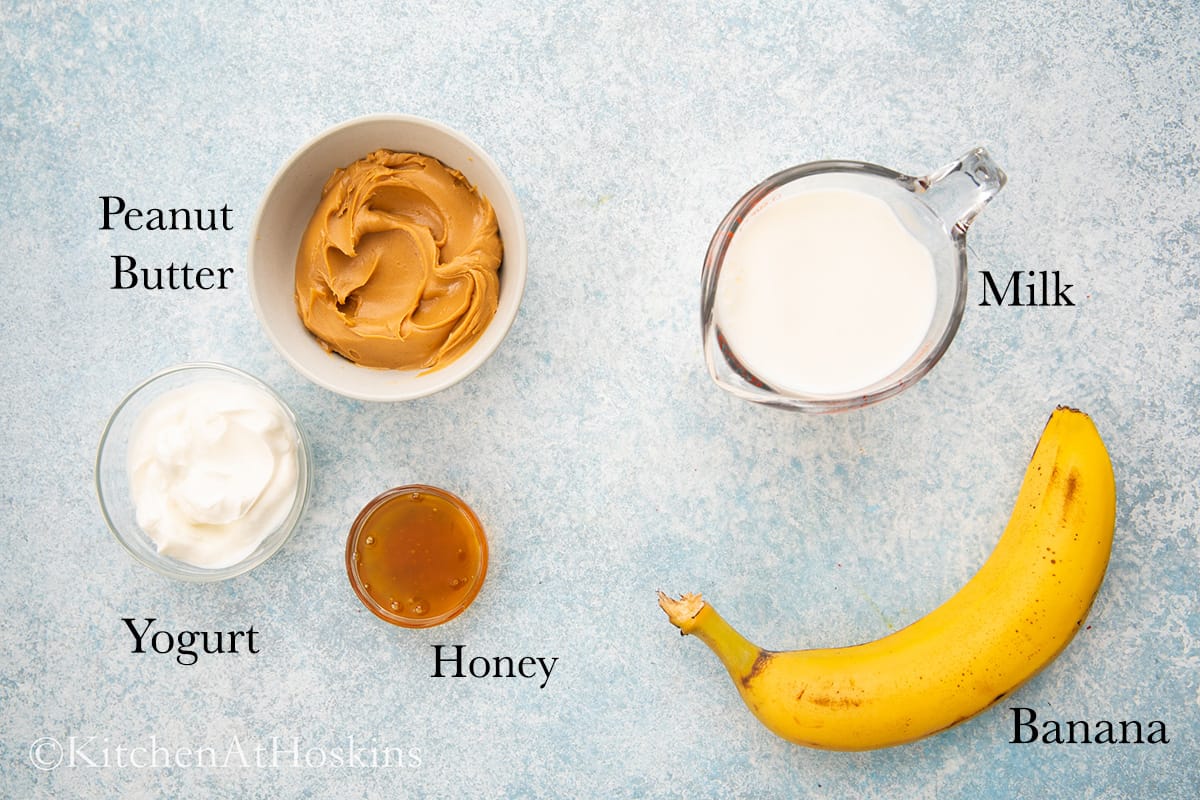 ingredients needed to make peanut utter yogurt smoothie. 