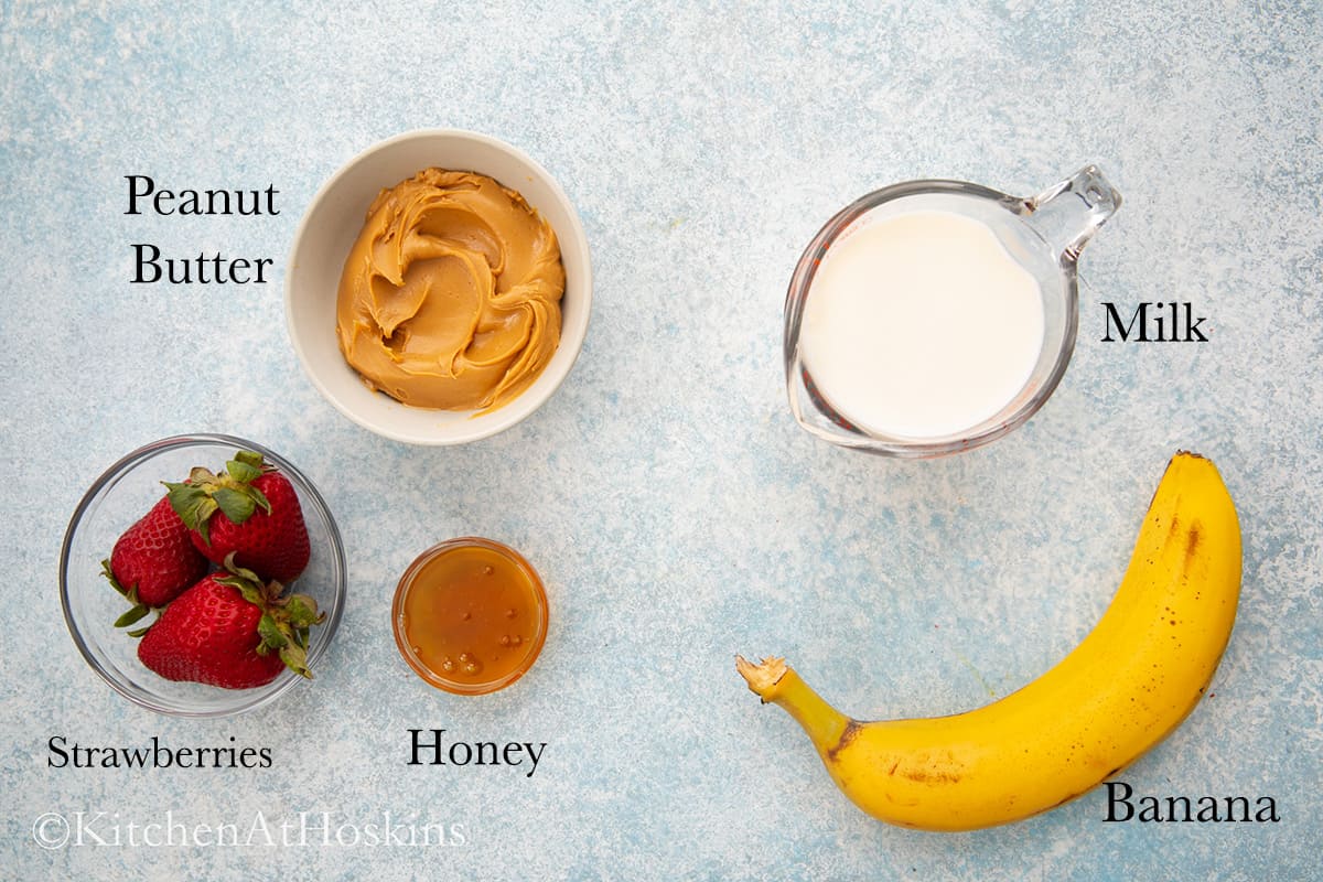 ingredients needed to make peanut butter strawberry smoothie.
