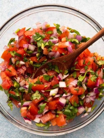 pico de gallo in a glass bowl